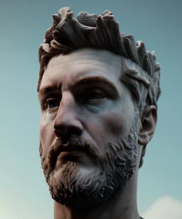 Ultra Realistic image, roman sculpture, marble deluxe material, Lionel Messi, Laurel leaves crown model, miguel angel style, chisel style, emperador, waist up portrait, cinematic lighting, God light, god rays, 4k resolution, smooth details, ornate details, soft lighting, unreal engine 5, sky background.