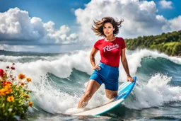 beautiful girl supper model, in nice red top ,blue short pants, with curvy hair,perfect face,perfect eyes,Surfing in huge wave,water with splash,country side wavy narrow river ,wild flowers ,blue sky nice clouds