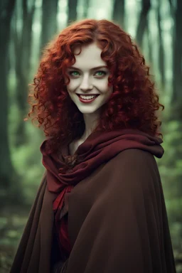 Evil smile eighteen-year-old girl, green eyes, blood-red curls, dressed in a brown cloak, in the middle of the forest