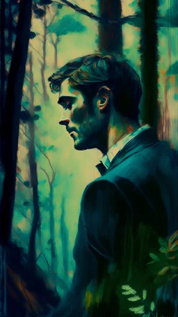 impressionism-style painting of a man thinking about someone he loves truly in a forest