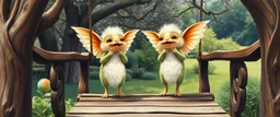 transcendent sacred geometry embroidered patterns, two totally symmetric fluffy angel gremlin slug nice cheerleader singing on old wooden carved bridge between trees in garden , full body portrait T-pose strong aura, oil painting and air brush, in swing