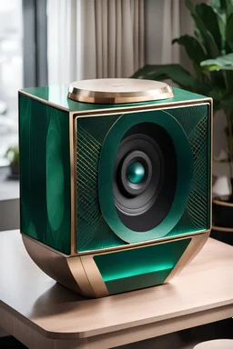 a home SPEAKER with a screen and it is made of a emerald in the style of art deco on a coffee table