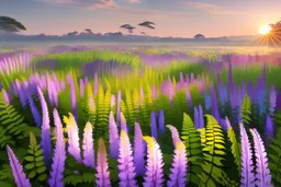 paysage fleuri , fougères, ,PAPILLONS , soleil, réaliste, haute définition