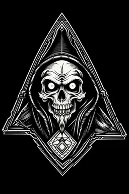 rat fink skeleton in a black hooded cloak drawn in a retro mascot style, inside a light diamond shape on a black background, monochromatic