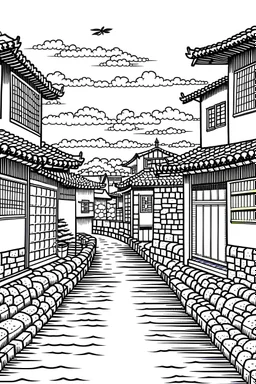 japan's old street behind a river,Line Drawing, A classic black-and-white line drawing style with intricate details and clean lines. The streets are depicted with precision, capturing the architectural diversity . The drawing will be realized as a traditional pen and ink illustration, with fine-tipped pens used for precise linework and shading