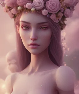 ethereal, flower crown, pastel makeup, beautiful, elegant, sparkle, shy, unreal engine, cinematic lighting, octane render,