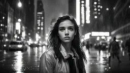 new york late night, tall skyscrapers, girl looking at camera on the street in the rain, photographic, black and white