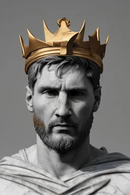 Ultra Realistic image, Roman sculpture, white marble material, Lionel Messi, gold crown of natural thorns, god crown, Renaissance style, sun rays background, waist up portrait, epic, celestial, cinematic lighting, God lights, 4k resolution, smooth details, soft lighting, unreal engine 5, art station, substance 3d.