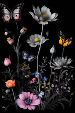 colorful, pink and iris wildflowers and butterflies on pale black space paper, very detailed illustration, sketch, concept art, ink outlines, smooth