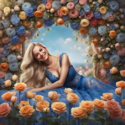 (best quality, 4k, 8k, highres, masterpiece:1.2), ultra-detailed, (realistic, photorealistic, photo-realistic:1.37),hyper realistic, full body gorgeous smiling 1woman,long hair,looking at viewer,realistic proportions,blue eyes,hair ornament,transparent lace dress,very long hair,flower,blonde hair,parted lips,necklace,white dress,blonde hair,lips,joyful pastel background,freckles,realistic,head wreath, pink flower,realistic portrait, dreamy fantasy landscape countryside,great pespective,crystal