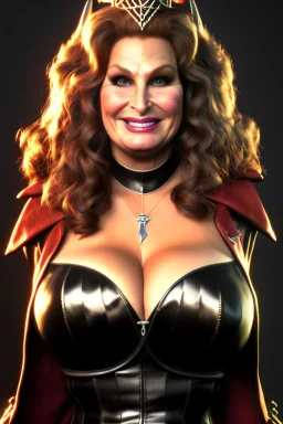 Jennifer Coolidge as evil queen in black leather, busty, cleavage, angry, stern look. character design by cory loftis, . unreal engine 5, artistic lighting, highly detailed, photorealistic, fantasy