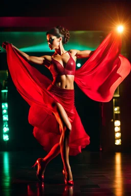 a beautiful spanish dancer dancing in luxury night club with dynamic lights