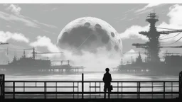 giant half transparent moon, glitchy, blurry, mechanical, sci-fi, maximum quality, centered on frame, far view, seasidel, white sky with cumulonimbus, anime, makoto shinkai style, japanese pier, rusty, decrepit, foggy, grayscale