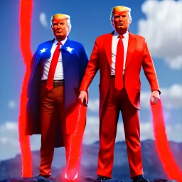 Realistic image of Donald trump super hero, retro style, watchmen style, red and blue colors, white stars, suspenders, latex material, 80s, vibrant color, highly detailed, sky background, concept art, unreal engine 5, god rays, ray tracing, RTX, lumen lighting, ultra detail, volumetric lighting, 3d, finely drawn, high definition, high resolution.