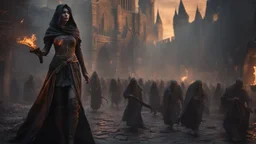 a female sorcerer I black cloth leading an army of rotting zombies through burning medieval city. fantasy setting. armor melted into the skin. blood. intense horror. blind terror. scared to death. a masterpiece, fantasy concept art, dynamic lighting, hyperdetailed, intricately detailed, deep color, Unreal Engine, volumetric lighting, Epic cinematic brilliant stunning intricate meticulously detailed dramatic atmospheric maximalist digital matte painting