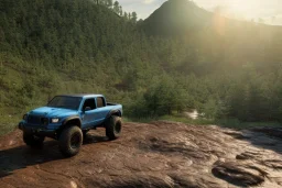 redshift style, photorealistic macro shot, black toy RC off-road trucks climbing a very steep huge boulder, earth color palette, sunset, sharp focus, puddle reflection, refraction, god rays, very rocky terrain, very huge boulders, boulders, detailed and intricate, intense cinematic composition