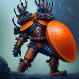 an orange fruit warrior in full navy blue and orange battle armor, a highly detailed illustration, background of Inka jungle, realistic render, 8 k, micro detail, intricate, elegant, centered, digital painting, Artstation, smooth, sharp focus, illustration, artgerm, tomasz alen kopera, peter mohrbacher, donato giancola, joseph christian leyendecker, wlop, boris vallejo