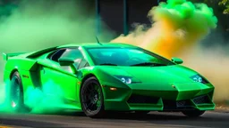 green lamborhini murcielago drifting in the smoke --chaos 80 --ar 16:9 --style raw --stylize 700