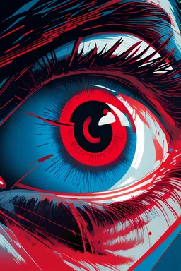 80s graphic design closeup side profile view of an eye being scanned by a red laser, sci-fi thriller, retrofuturism, eyeball with steely blue pupil, greatly detailed, expression of fear and anger, animated illusion, dystopian theme, Razor sharp symbolic depiction of paranoia and madness, vector-based rotoscoping, interpolation, graphic novel styling, graphic design, hacking effects, coding, technology revolution, ultra hd, glitches,