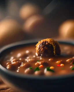 Meatball Soup. HD. highly detailed. 8k. 35mm, F/2.8. background blurry bokeh