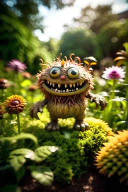 Small monster, cute, smiling, full body, daytime, hyperrealism, portrait, beautiful flower garden background, candid photojournalism, sharp bokeh, grainy realistic, warm dappled lighting, low focus field Depth, 16mm film quality with grain, Pantone analog style, rim lighting, perfect tones, sharp fine details, highly detailed,