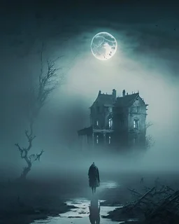 A hauntingly beautiful image of a lone figure walking through a desolate, misty landscape, with a dilapidated mansion in the background and a full moon illuminating the scene.