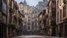 street with buildings of the same design on its sides and in the background with many windows, some open and others closed in some, the interior lighting allows you to guess the interior life