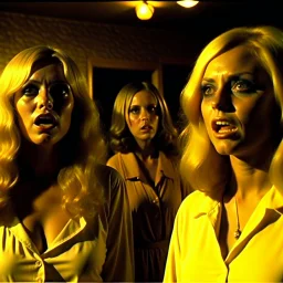 Horror movie shot, spooky, hot, ultra realistic, dine, desert, ultra realistic hot blonde women, party,m, organic, ail, dynamic, very excited people, hypermaximalist, figures, light, 1970's Italian horror movie, sinister, Dario Argento, Stanley Kubrik, ornate, 4k, photorealism