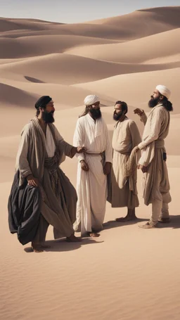 A picture of ten men, in the desert, in old Arab dress, with black hair and a thick beard, talking to each other.