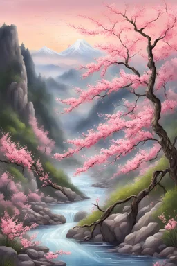 Pantone color, pink, low saturation, spring and summer theme, halfway up the mountainside, peach blossoms in full bloom, willow branches caressing on the shore, sparkling in the stream, ultra HD, delicate and detailed, 优雅的 美丽的 数字绘画 高细节 动态照明 逼真的 超详细 获奖摄影 亚克力艺术 很有魅力 现实主义 新艺术 水彩拼布 立体感 高分辨率 品质清脆 摄影风格
