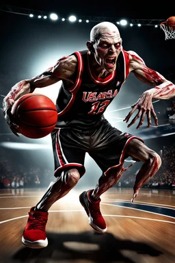 a photorealistic 12k ultra-high-definition rendering of an attractive but mean and cool looking zombie, upclose captured in a dynamic action shot dunking the ball, Wearing a red and white skinny NBA shirt with nail scratch marks, a cool usa sweatband, trendy basketball sneakers, black tights, product photography focus, an explosive and dark background