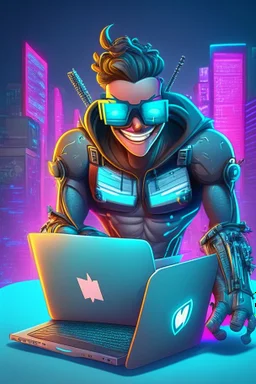 An 3d illustration of a person working in front of a laptop with a happy face and having a good time a man, cartoon style A cyberpunk as a superhero, full body of a superhero, cyberpunk city, masked eyes, cyberpunk eyes