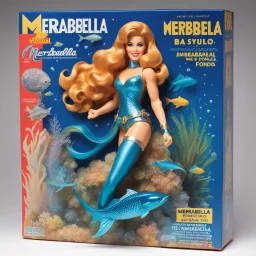 A photograph of a pristine action figure encased in its packaging, evoking a sense of collectible wonder, styled after a vintage toy advertisement. The box prominently displays "Merbarella" in bold, stylized lettering, with the action figure inside clearly resembling youthful Jane Fonda as Barbarella the mermaid, possessing his iconic sci-fi features and her fish tail: her long red curly hair, she wears her iconic silver bikini, in the box: a trident and an aquarium