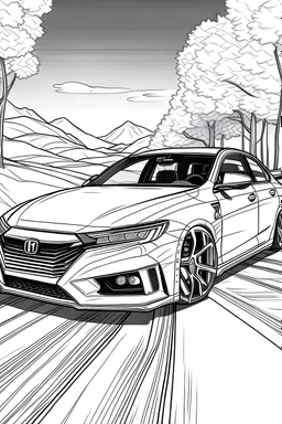 Outline art, no shading, full Honda Accord on the road, cartoon style, thick lines, low details, --ar 9:11