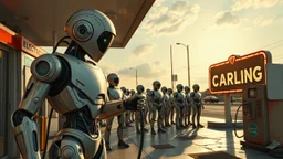 A cinematic wide-angle oil painting of a humanoid robot plugging a thick electric charging cable into its torso port at a futuristic charging station within a retro-style gas station. A long line of identical humanoid robots stands patiently behind, waiting for their turn to recharge. A large vintage-style sign to the side reads 'Electric Robot Charging Station.' The scene is bathed in golden-hour lighting, with rich, noisy colors, expressive thick brushstrokes, intricate steampunk elements, glo
