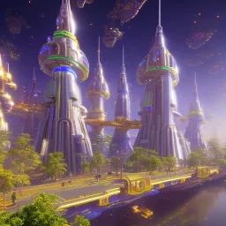 futuristic city with astroport and transparent bridges, galactic landsacape with multicolored crystals falling from the sky, full of details, smooth, bright sunshine，soft light atmosphere, light effect，vaporwave colorful, concept art, smooth, extremely sharp detail, finely tuned detail, ultra high definition, 8 k, unreal engine 5, ultra sharp focus