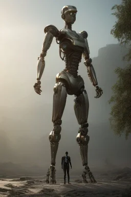 Human standing and looking at a robot, sci-fi fantasy style, volumetric lighting, particales,highly detailed,cinamatic, deep colours,8k.