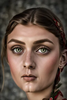 portrait a dark blonde young married woman in authentic Hungarian sárköz folk costume and short red woman headscarf , look at the camera, high realistic, high qulity, detailed, sad, beauty, perfect photo