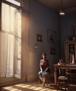 Realistic image, giant woman inside a house, looks out through the windows. people on the street are watching him, soft color, highly detailed, unreal engine 5, ray tracing, RTX, lumen lighting, ultra detail, volumetric lighting, 3d, finely drawn, high definition, high resolution.