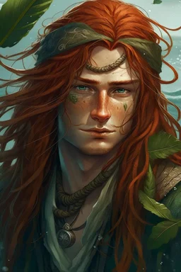 determined wet pirate nereid male with seaweed in long auburn hair and freckles