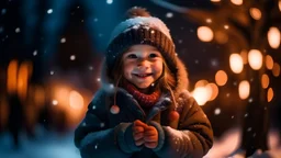 Little girl with christmas lights enjoying the holidays outdoors in snowfall. Happy cute child girl playing with Chistmas festive lights. digital ai