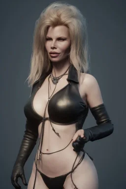 Kim Basinger in black leather, evil, busty, cleavage, curvy, angry, happy, stern look. character design by cory loftis, fenghua zhong, ryohei hase, ismail inceoglu and ruan jia. unreal engine 5, artistic lighting, highly detailed, photorealistic, fantasy