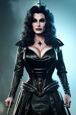 lisa ann as evil queen in black leather gown, cleavage, angry, stern look, unreal 5, octane render,cinema4d, dynamic lighting, dramatic lighting, 4k, redshift render, highly detailed, hyper realistic