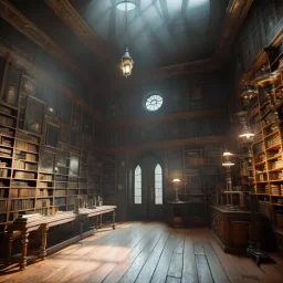 inside of a mystery dark gothic museum , dystopic, millions of books, labyrintic architecture, orange color scheme, high key lighting, volumetric light high details with white stripes and feathers unreal 5, octane render, cinema4d, dynamic lighting, dramatic lighting, 4k, redshift render, highly detailed, hyper realistic, sunset, Stephan Eicher