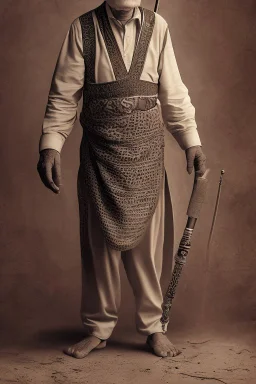 An old man wearing an Arabic keffiyeh, his back bent, walking barefoot, holding his cane upside down, looking back and holding his shoe in his hand.