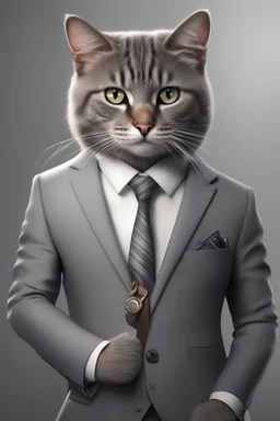 Anthropomorphic cat in a grey suit and hyper-realistic 8K tie