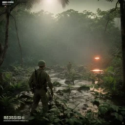 vietnam war. jungle. cd cover. bokeh. lens flare. warm lights. high detailed