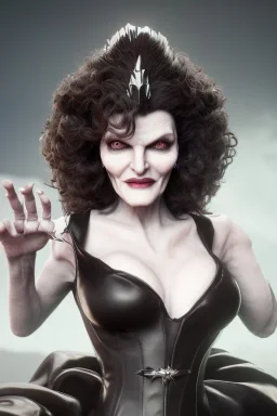 Rene Russo as evil queen in black leather gown, angry, busty, curvey, cleavage, unreal 5, octane render,cinema4d, dynamic lighting, dramatic lighting, 4k, redshift render, highly detailed, hyper realistic