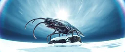 airbrush 3d rendering, frontal close up of alien underneath chrome centipede lobster huge space ship on small frozen island in lake, pinhole cam, background motion blur