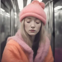Billieellish, sad,in the metro in the style of a polaroid,, pink,orange, with a knitted hat, eyes closed